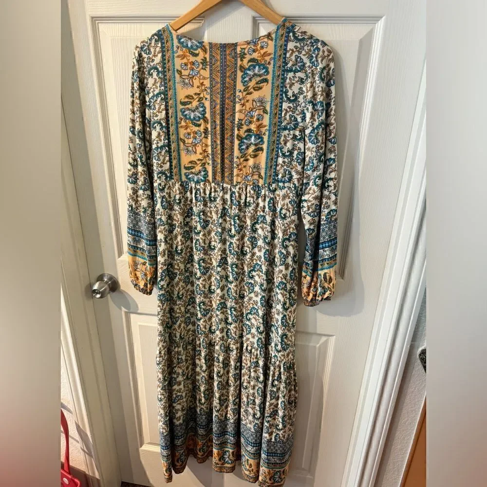 Hey Samy Smock Midi Dress In Blue & Mint Mixed Floral Printed Size M